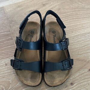 Kids Black Leather Sandals with Buckle Straps